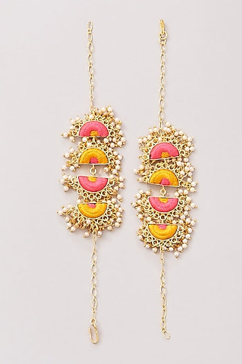 Matte Gold Finish Pink & Yellow Silk Thread Embroidered Layered Necklace Set