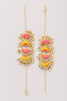 Matte Gold Finish Pink & Yellow Silk Thread Embroidered Layered Necklace Set