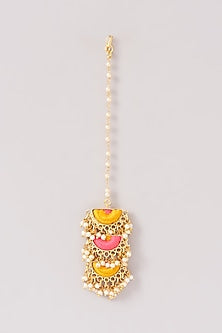 Matte Gold Finish Pink & Yellow Silk Thread Embroidered Layered Necklace Set