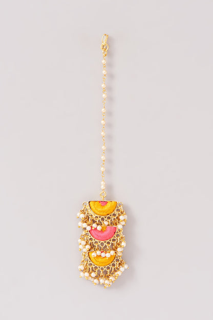 Matte Gold Finish Pink & Yellow Silk Thread Embroidered Layered Necklace Set
