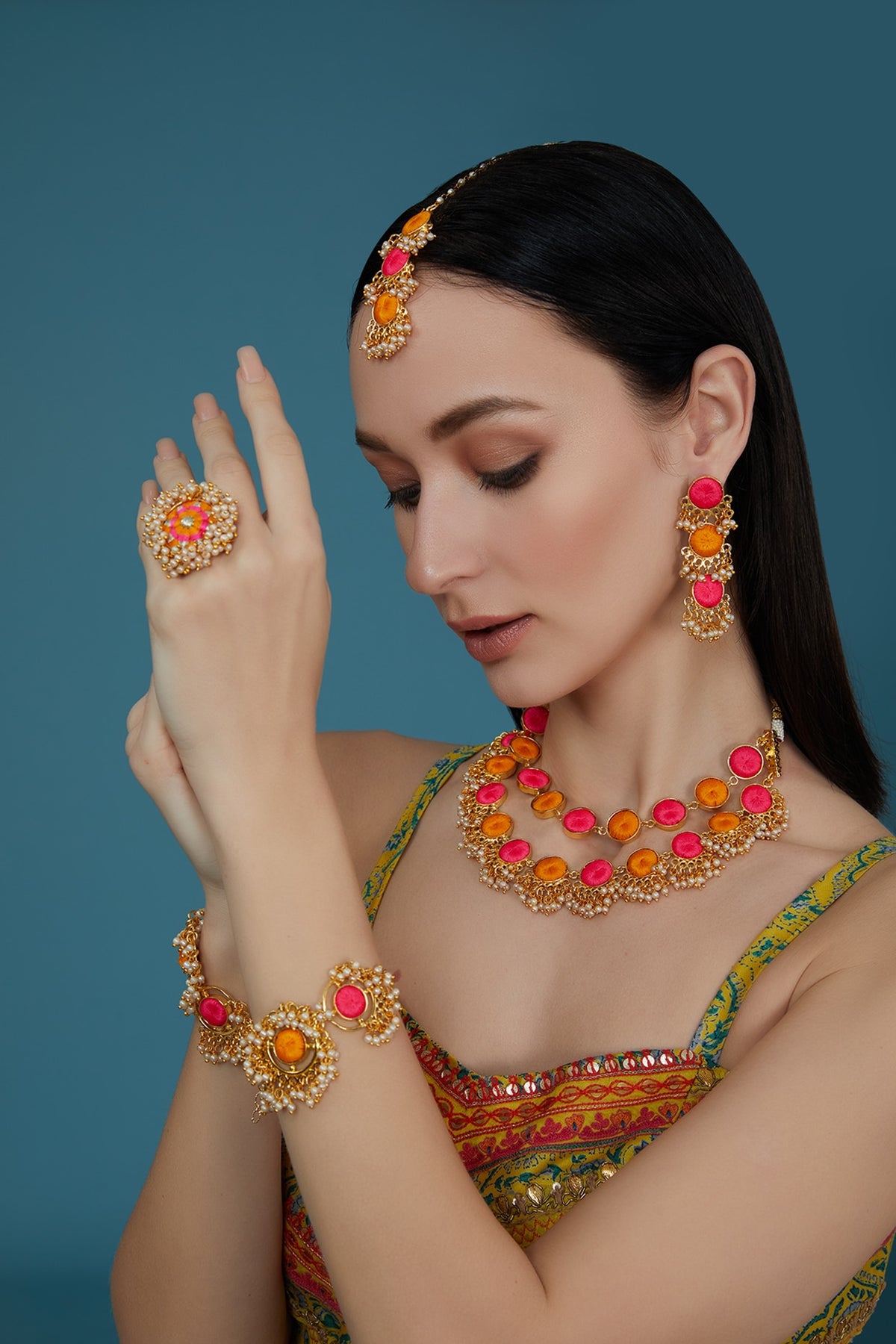 Matte Gold Finish Pink & Yellow Silk Thread Embroidered Layered Necklace Set