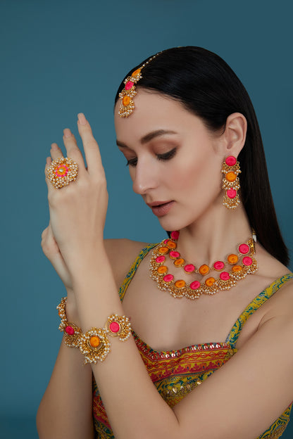 Matte Gold Finish Pink & Yellow Silk Thread Embroidered Layered Necklace Set