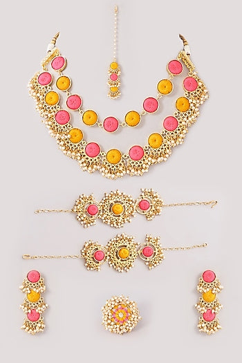 Matte Gold Finish Pink & Yellow Silk Thread Embroidered Layered Necklace Set