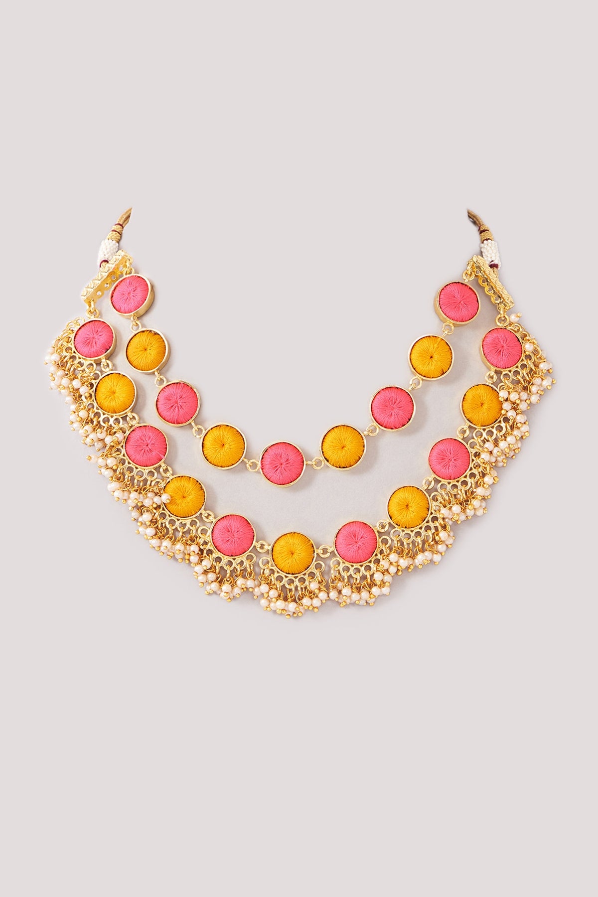 Matte Gold Finish Pink & Yellow Silk Thread Embroidered Layered Necklace Set