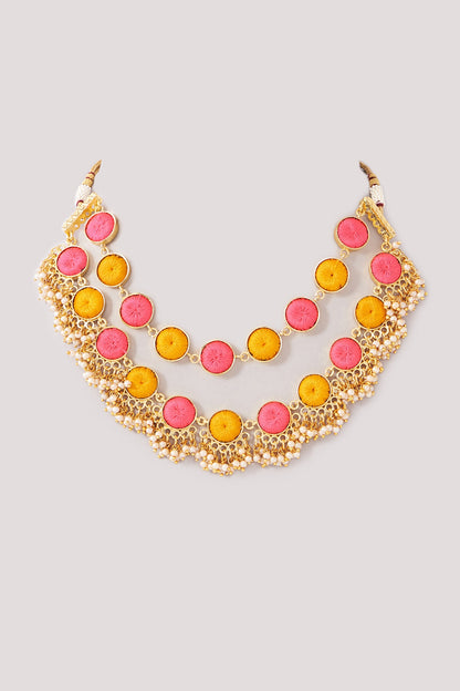Matte Gold Finish Pink & Yellow Silk Thread Embroidered Layered Necklace Set