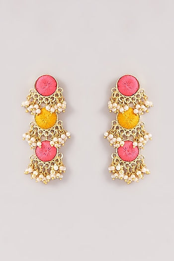 Matte Gold Finish Pink & Yellow Silk Thread Embroidered Layered Necklace Set