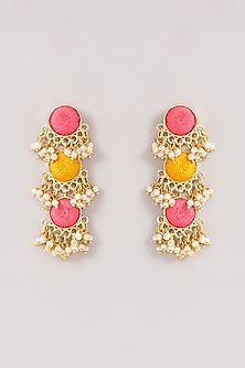 Matte Gold Finish Pink & Yellow Silk Thread Embroidered Layered Necklace Set