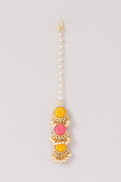 Matte Gold Finish Pink & Yellow Silk Thread Embroidered Layered Necklace Set
