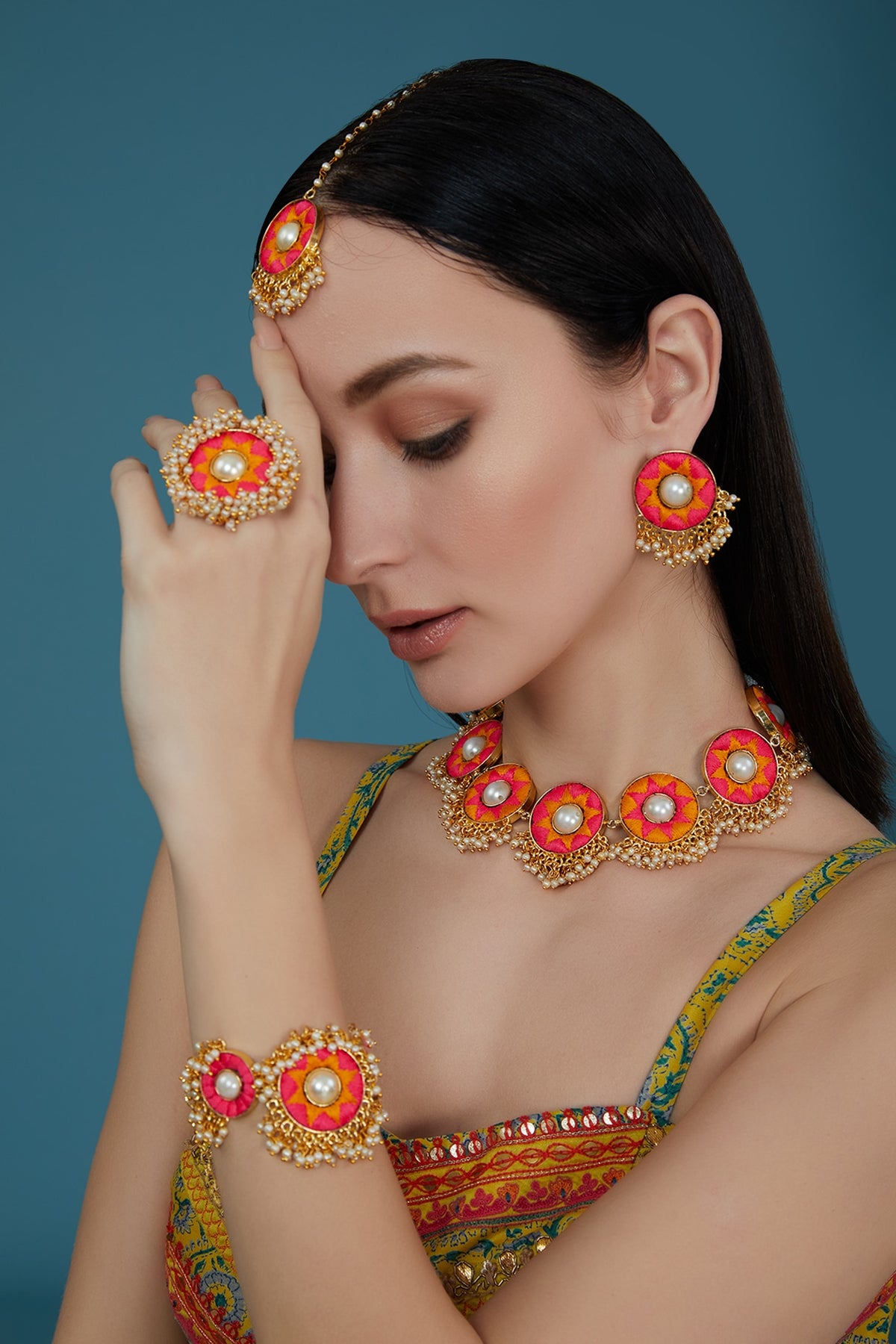Matte Gold Finish Pink & Yellow Silk Thread Embroidered Necklace Set