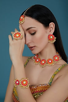 Matte Gold Finish Pink & Yellow Silk Thread Embroidered Necklace Set