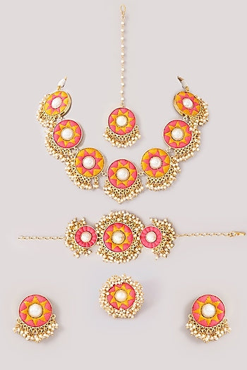 Matte Gold Finish Pink & Yellow Silk Thread Embroidered Necklace Set