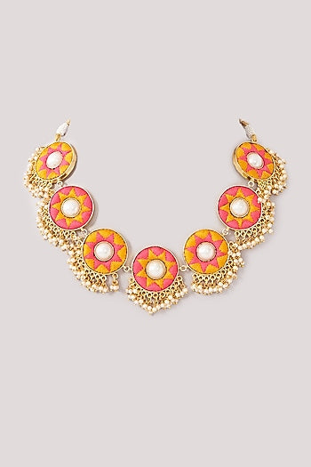 Matte Gold Finish Pink & Yellow Silk Thread Embroidered Necklace Set