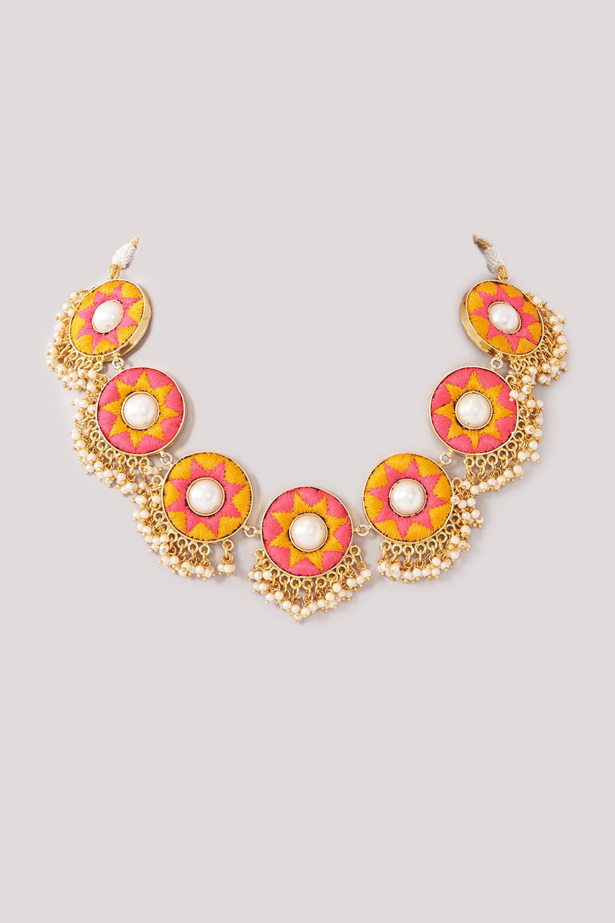 Matte Gold Finish Pink & Yellow Silk Thread Embroidered Necklace Set