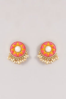 Matte Gold Finish Pink & Yellow Silk Thread Embroidered Necklace Set