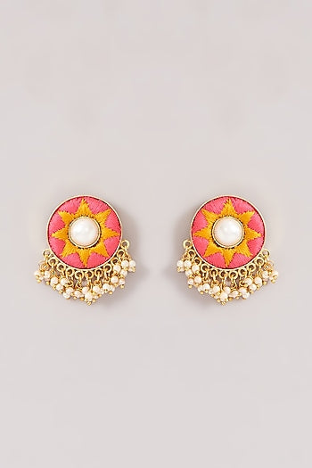 Matte Gold Finish Pink & Yellow Silk Thread Embroidered Necklace Set
