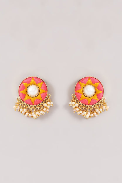 Matte Gold Finish Pink & Yellow Silk Thread Embroidered Necklace Set