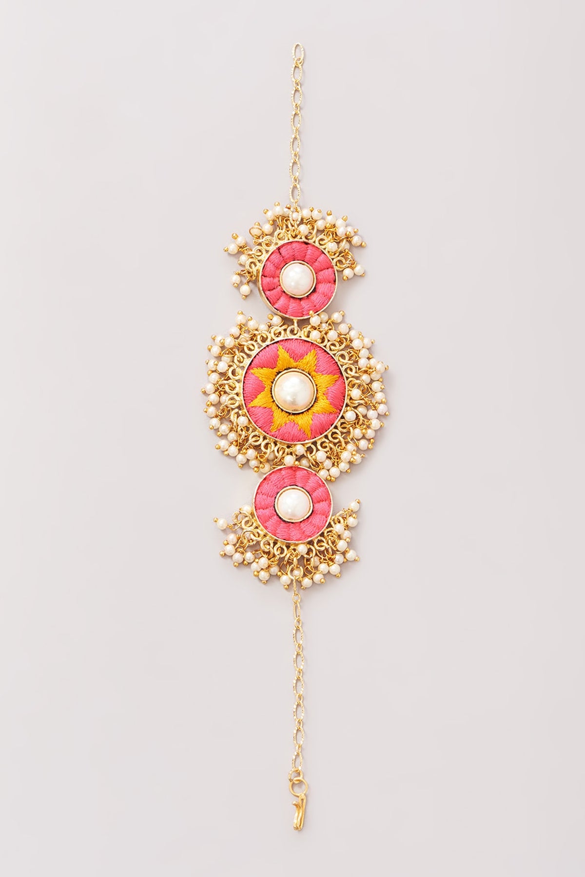 Matte Gold Finish Pink & Yellow Silk Thread Embroidered Necklace Set