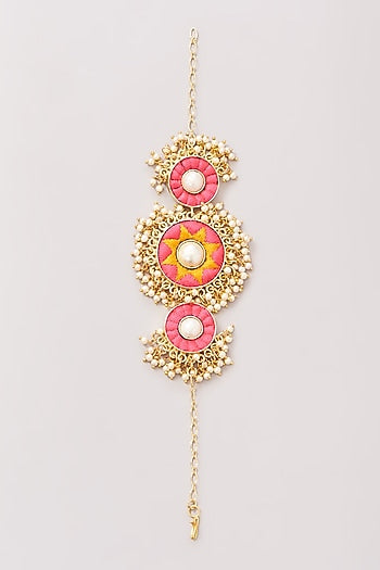 Matte Gold Finish Pink & Yellow Silk Thread Embroidered Necklace Set
