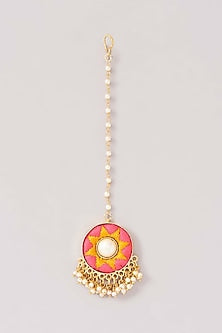 Matte Gold Finish Pink & Yellow Silk Thread Embroidered Necklace Set