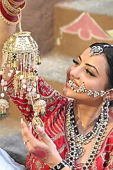 Gold Finish Kundan Polki & Pearl Kaleeras (Set of 2)