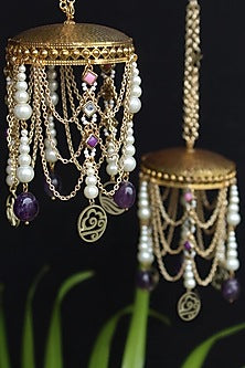 Gold Finish Pink Kundan Polki & Purple Stone Kaleeras (Set of 2)