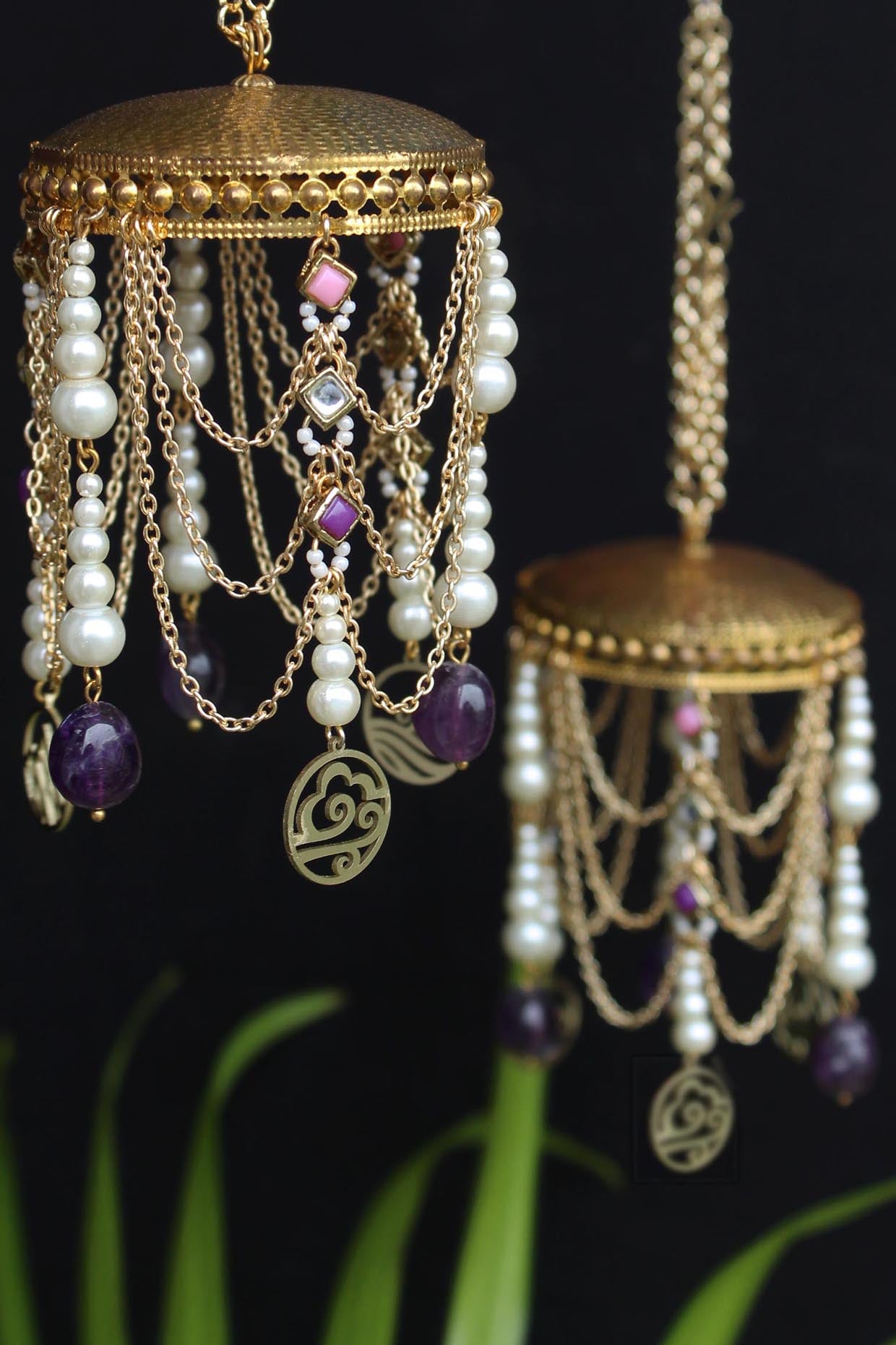 Gold Finish Pink Kundan Polki & Purple Stone Kaleeras (Set of 2)