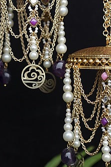 Gold Finish Pink Kundan Polki & Purple Stone Kaleeras (Set of 2)