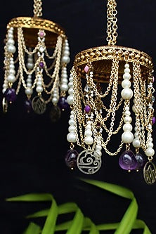 Gold Finish Pink Kundan Polki & Purple Stone Kaleeras (Set of 2)