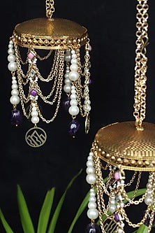 Gold Finish Pink Kundan Polki & Purple Stone Kaleeras (Set of 2)