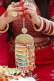 Gold Finish Pearl Beaded Meenakari Kaleeras (Set of 2)