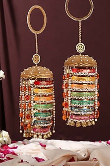 Gold Finish Pearl Beaded Meenakari Kaleeras (Set of 2)