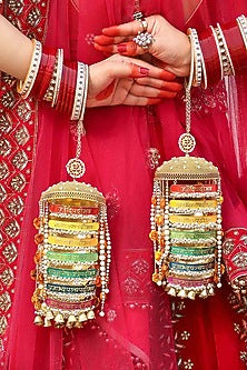 Gold Finish Pearl Beaded Meenakari Kaleeras (Set of 2)