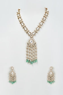Gold Finish Kundan Polki & Green Drops Long Necklace Set