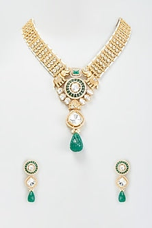 Gold Finish Kundan Polki & Green Stones Long Necklace Set