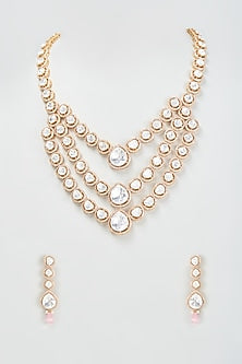 Gold Finish Kundan Polki & Zircon Layered Long Necklace Set