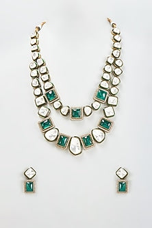 Gold Finish Kundan Polki & Green Stones Layered Long Necklace Set