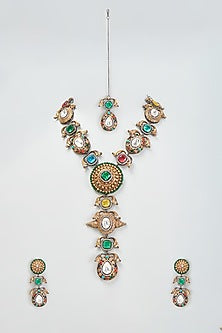 Gold Finish Kundan Polki & Multi-Colored Stones Long Necklace Set