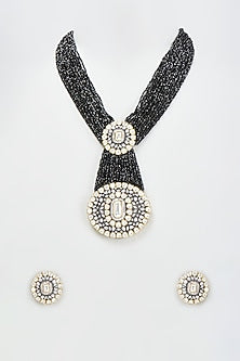 Two-Tone Finish Zircon & Black Beads Long Necklace Set