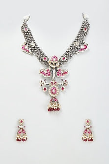 Two-Tone Finish Kundan Polki & Pink Motifs Long Necklace Set
