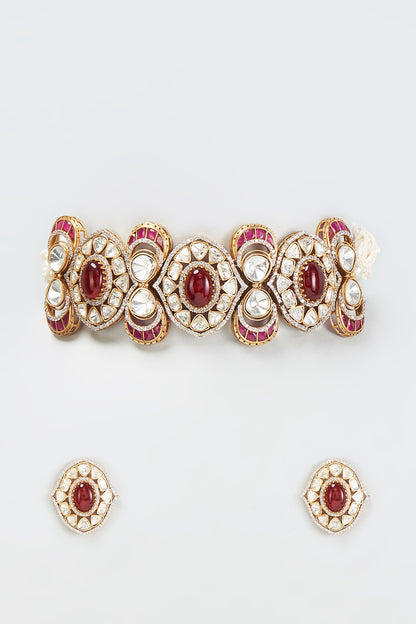 Gold Finish Kundan Polki & Ruby Stone Choker Necklace Set