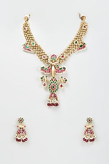 Gold Finish Multi-Colored Motifs Long Necklace Set