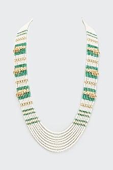 Gold Finish Pearl & Green Beaded Long Necklace
