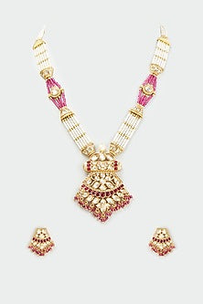 Gold Finish Kundan Polki & Pearl Long Necklace Set