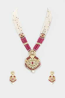 Gold Finish Kundan Polki & Pearl Long Necklace Set