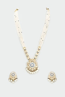 Gold Finish Kundan Polki & Pearl Long Necklace Set