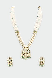 Gold Finish Kundan Polki & Pearl Long Necklace Set