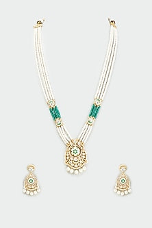 Gold Finish Kundan Polki & Pearl Long Necklace Set