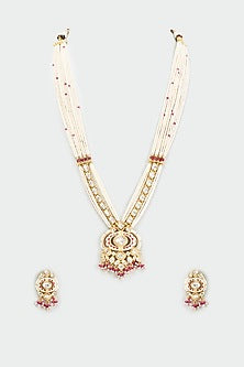 Gold Finish Kundan Polki & Ruby Long Necklace Set