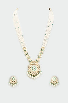 Gold Finish Kundan Polki & Pearl Long Necklace Set