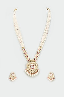 Gold Finish Kundan Polki & Pearl Long Necklace Set
